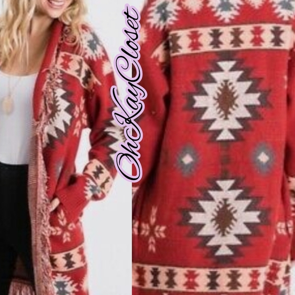 SOLD OUT MEDIUM Tribal Print Aztec Fringe Red Brick Oversized Cardigan - Picture 5 of 9